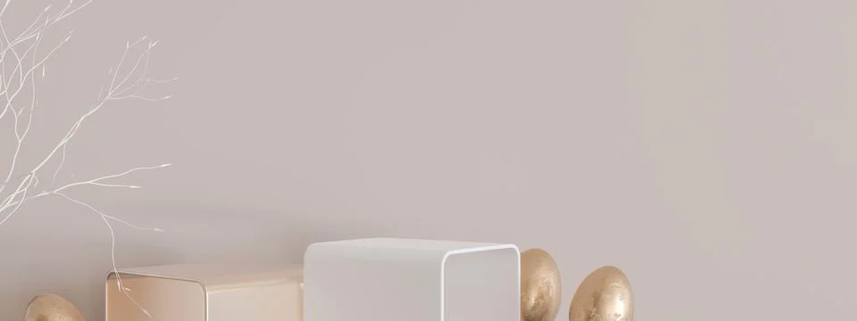 Two podiums with golden Easter eggs and copy space. Modern stage for product Illustrazione stock