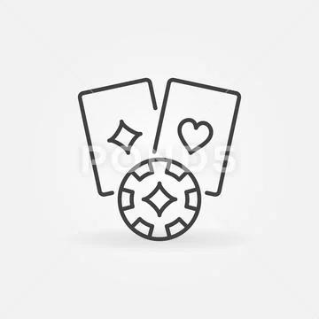 Two Poker Cards with Chip vector outline concept icon Stock Illustration