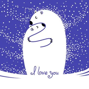 Two polar bears hugging each other. Greeting card with the inscription I love Stock Illustration