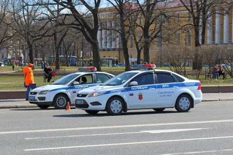 Two police patrol car on the streets of St. Petersburg Stock Photos