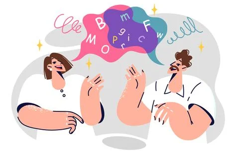 Two polyglots converse learning english, practicing correct pronunciation of Stock Illustration