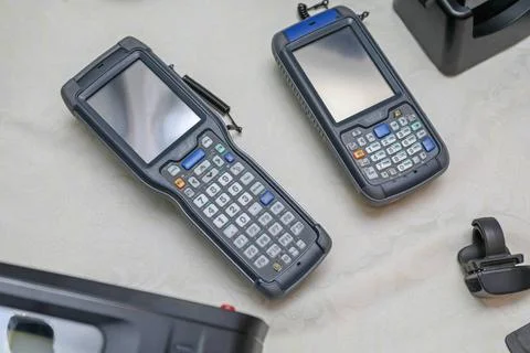 Two Portable Computers Handheld Barcode Scanner Rfid Mobile Computer Equip... Stock-Fotos
