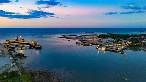Two ports captured in a single frame during sunset Stock Photos