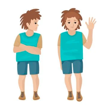 Two poses of one boy child. Evil and kind. Offended and friendly. Vector Stock Illustration