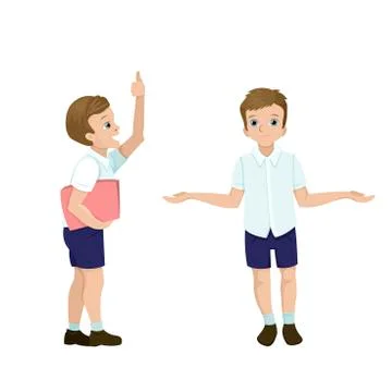 Two poses of schoolboy. Student holding a book and showing thumbs up. Character Stock Illustration