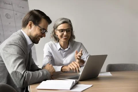 Two positive different aged colleagues working at laptop computer Stock Photos