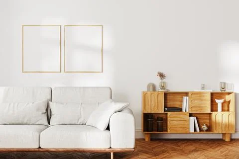 Two poster frames mock up in living room interior mock up, gray sofa and wood Stock Illustration