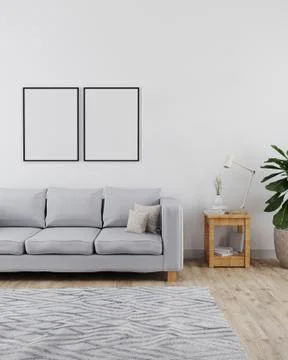 Two poster frames mockup in modern and minimalist interior of living room wit Stock Illustration