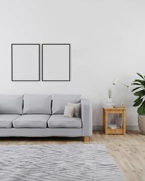 Two poster frames mockup in modern and minimalist interior of living room ... Foto stock
