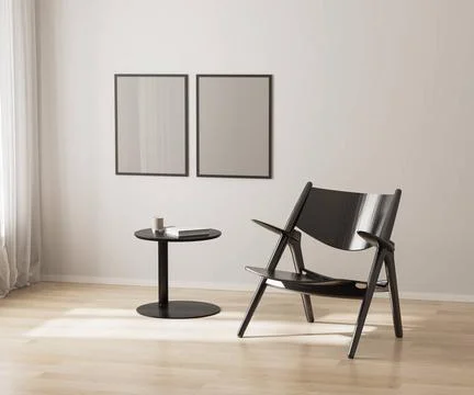 Two poster frames mockup on white wall, black chair and coffee table, 3d r... Stock-Fotos