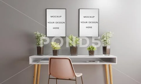 Two poster mokcup on grey wall with 5 plants PSD Template