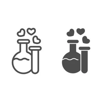 Two potions line and solid icon. Flask and tube with elixir and hearts bubbles Stock Illustration