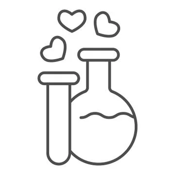 Two potions thin line icon. Flask and tube with elixir and hearts bubbles symbol Stock Illustration