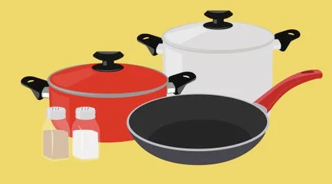 Two Pots, a Pan, Pepper and Salt Stock Illustration