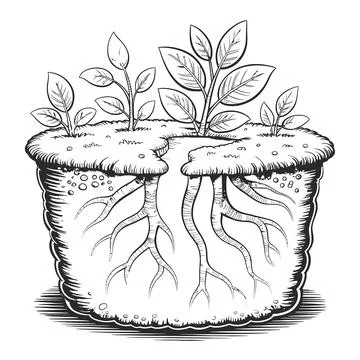 Two potted plants with visible root systems in a black and white sketch Stock Illustration