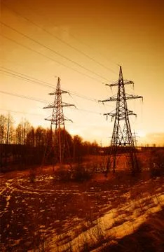 Two power lines during sunset background Foto stock