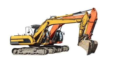 Two powerful crawler excavators isolated on white background. Powerful excava Photos