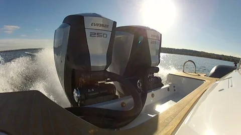 Two powerful outboard engines on a boat Stock Footage 72116845