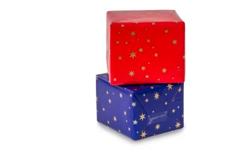 Two presents in blue and red wrapping paper isolated on white background Stock Photos