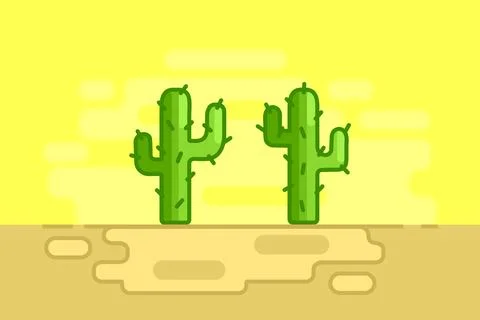 Two prickly cacti in the desert in a flat style with a stroke. Stock Illustration