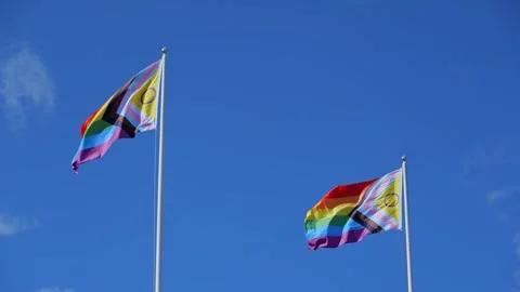 Two Pride Flags Waving on Pole with Blue Sky Background Footage. Stock Footage 311060268