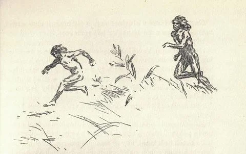Two primeval boys. Old black and white illustration. Vintage drawing. Illustr Illustrazione stock