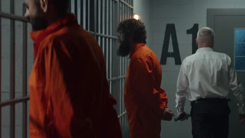 Two prisoners stand facing the metal bars in front of prison cells Stock Footage 245966027