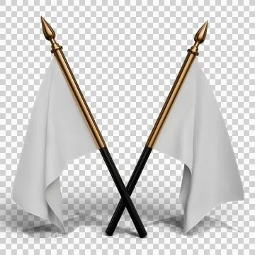 Two pristine white flags, billowing gently, affixed to crossed 写真素材