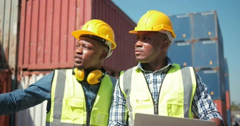 Two professional african engineers wearing safety uniform  Видео 166991783