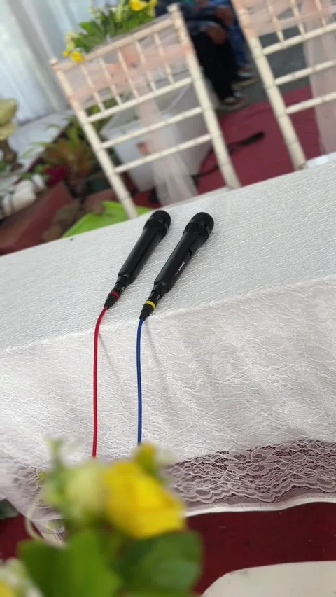 Two professional black microphones resting on white wedding table video footage Vídeo Stock 332656981