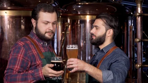Two professional brewers clinking glasses drinking delciious craft beer together Stock Footage 103048927