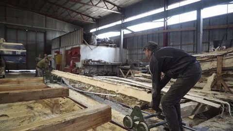 Two Professional Carpentry Workers Placing Log On Wood Production Bench Stock Footage 240652058