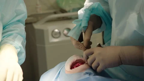Two professional doctors perform dental surgery Video stock 236050692