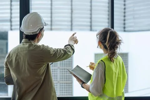 Two professional engineer and architect in safety helmet working together at Stock Photos