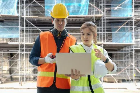 Two professional engineer and architect working on laptop together at Stock Photos