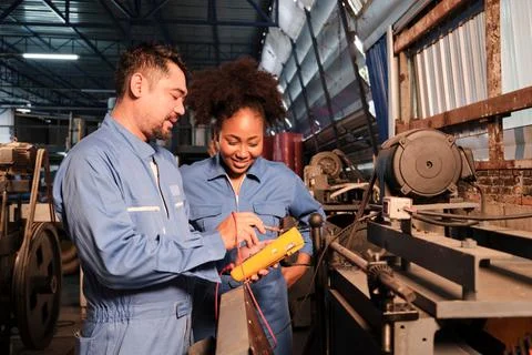 Two professional engineers inspect machines' electric systems at the factory. Фото