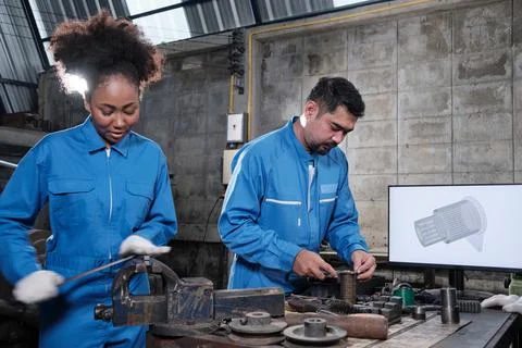 Two professional industry workers work with mechanical drawings on a monitor. Stock Photos