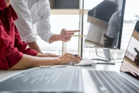 Two professional programmer cooperating and working on web site project in a Stockfoto's