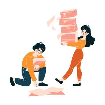 Two professionals balancing a precarious pile of paperwork, depicting the daily 库存插图