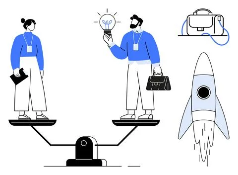 Two professionals balancing on a seesaw, one with a light bulb idea, briefcas Illustrazione stock