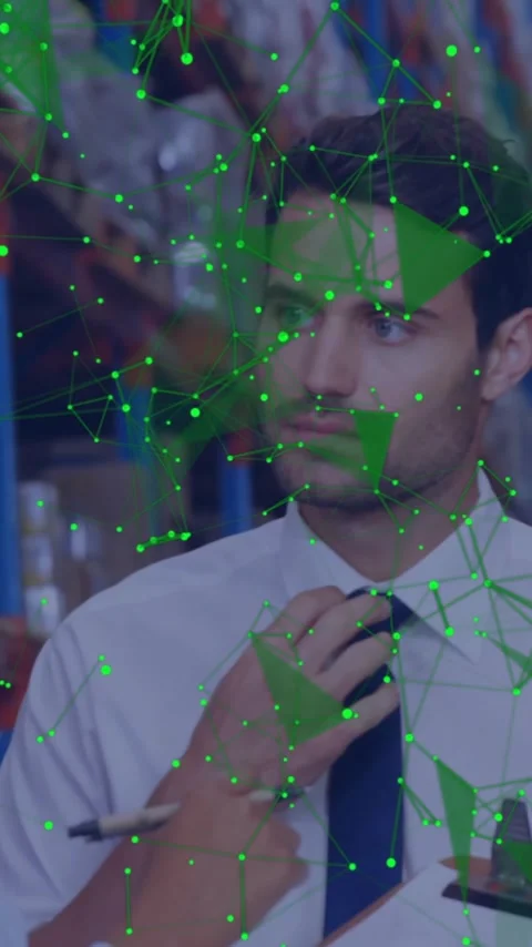 Two professionals discussing in warehouse with network connections animation Stock Footage 319727704