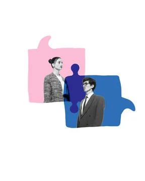 Two professionals facing each other within interlocking puzzle-shaped speech Stock Photos
