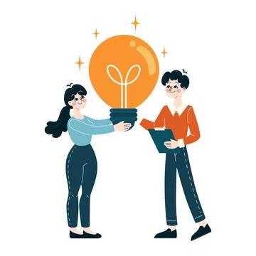 Two professionals holding a giant light bulb, symbolizing joint creativity and Illustrazione stock
