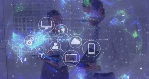 Two professionals holding tablet, cloud icon appearing and growing network Stock Footage 333968264