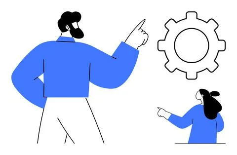 Two Professionals Pointing at a Cogwheel Discussing Ideas and Solutions Illustrazione stock