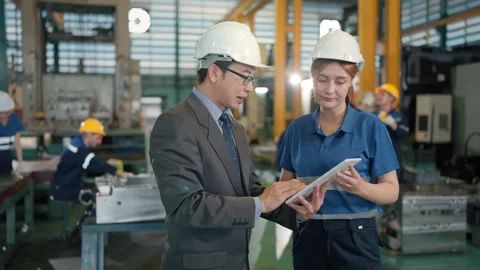 Two professionals review data in a factory setting Stock Footage 341925233