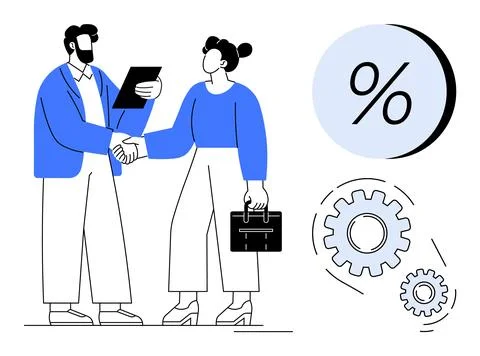 Two professionals shaking hands, one holding a briefcase and the other paperw Illustrazione stock