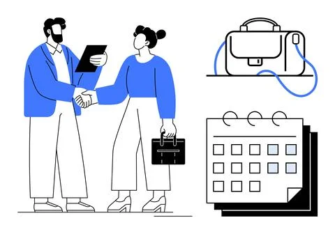 Two professionals shaking hands, one holding a clipboard, near bag and calend Illustrazione stock