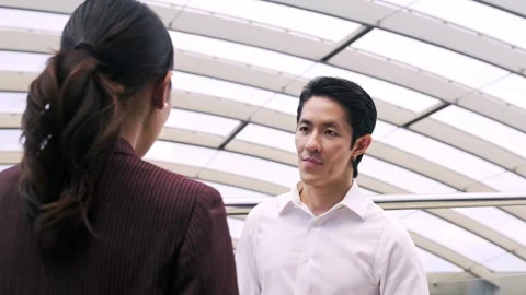 Two professionals talk and shake hands in a modern glass-roofed atrium, sug.. Stock-Footage 345518730