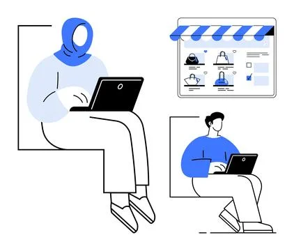 Two professionals using laptops for work, viewed alongside online store inter Illustrazione stock